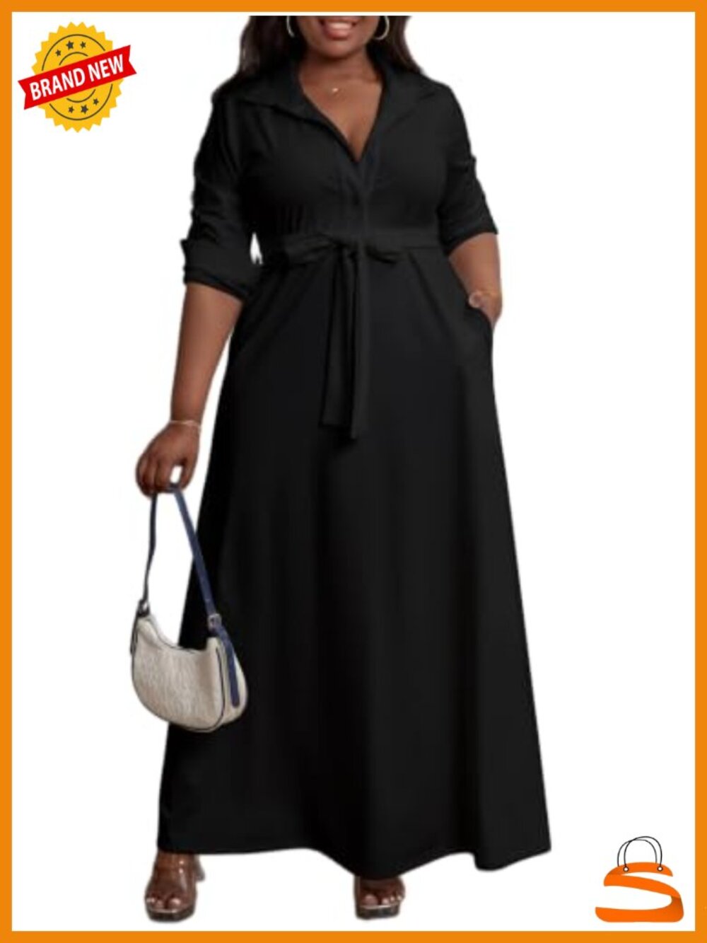 Plus Size Long Sleeve Maxi Shirt Dress with Belt and Pockets
